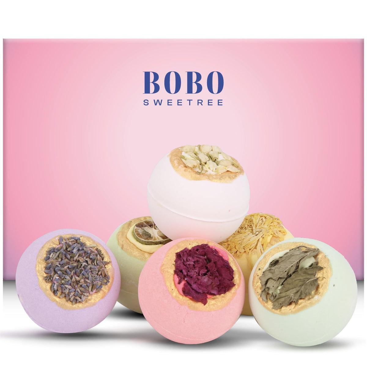 BoboSweeTree front box packaging showing six floral bath bombs and pink gift box for gifting