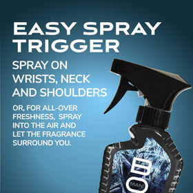 BOD man mist texture captured mid-air to show lightweight cooling fragrance delivery
