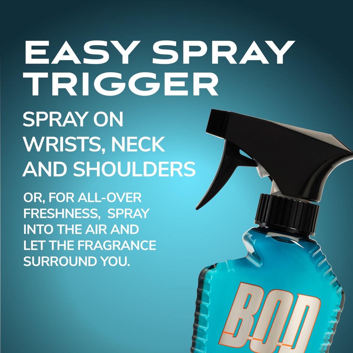 BOD man bottle mid-spray demonstrating easy-spray trigger for quick refresh