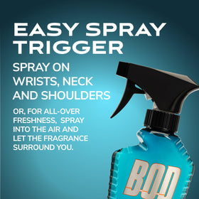 BOD man bottle mid-spray demonstrating easy-spray trigger for quick refresh