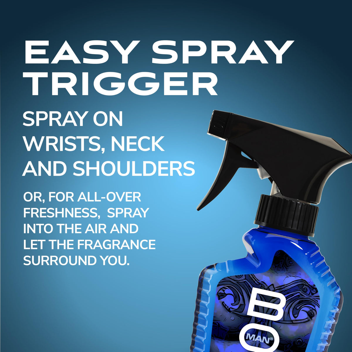 Close-up mist from BOD man showing fine spray texture for even fragrance coverage