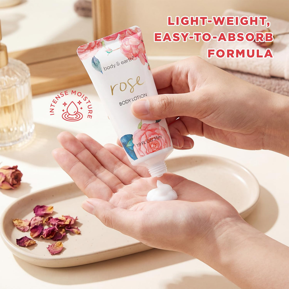 BODY & EARTH body lotion pumped into hand demonstrating fast-absorbing moisture