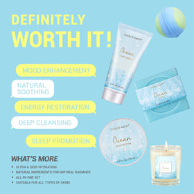 BODY & EARTH open gift box layout showing all five spa pieces neatly arranged