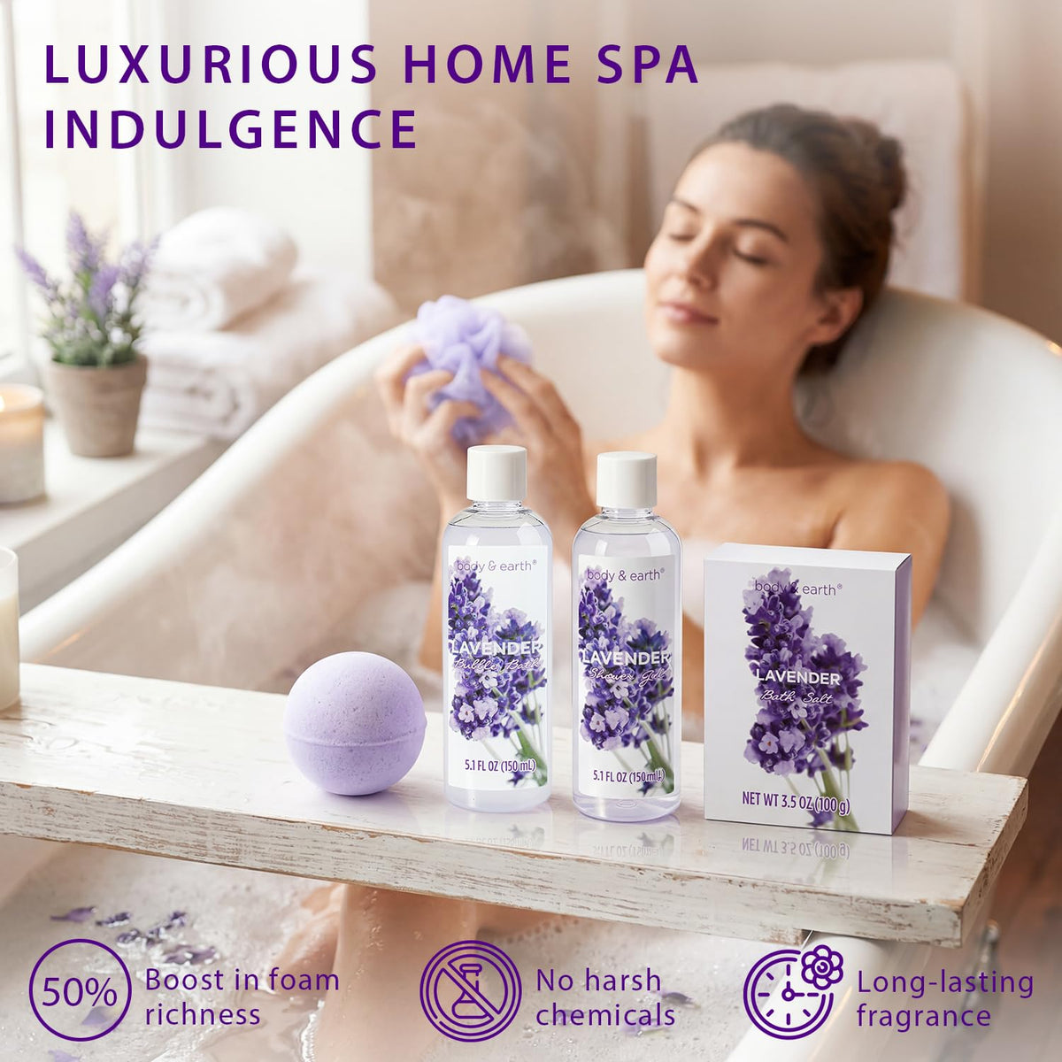 BODY & EARTH bath bomb and salts detail demonstrating relaxing lavender soak