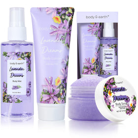 BODY & EARTH gift box front view showing elegant lavender packaging and easy gifting