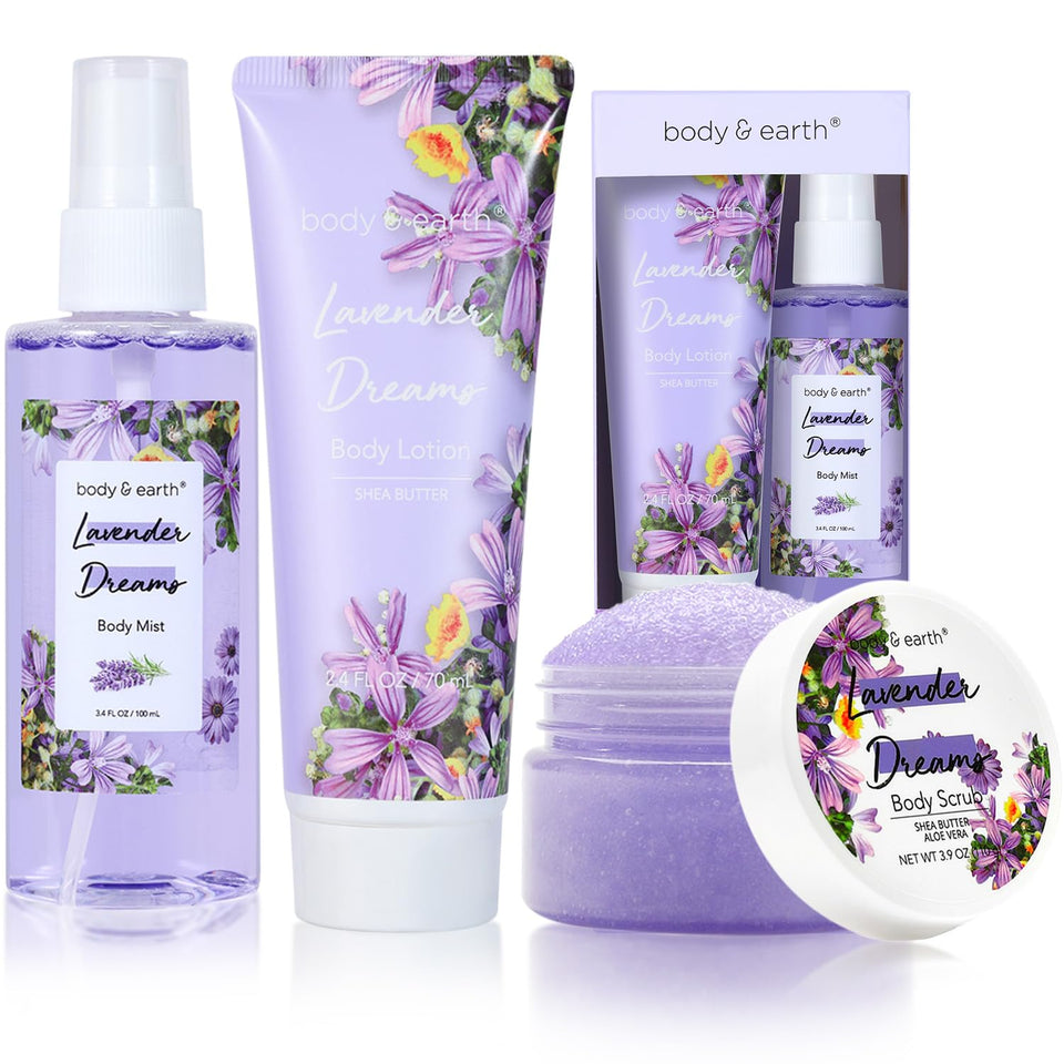 BODY & EARTH gift box front view showing elegant lavender packaging and easy gifting