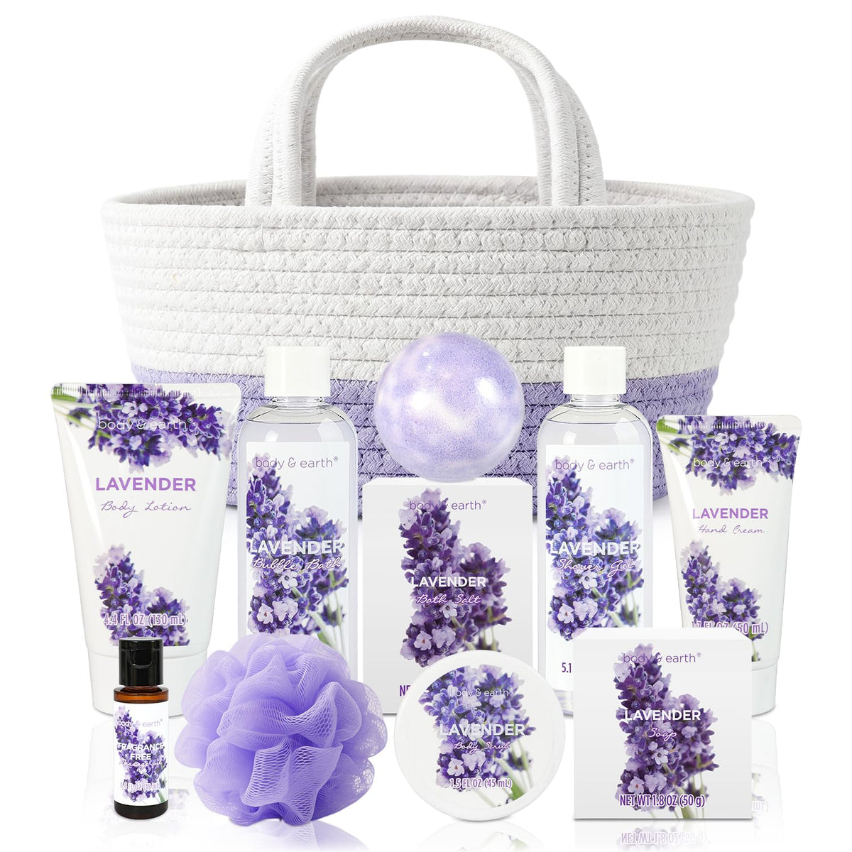 BODY & EARTH basket front view showing full lavender spa set and gifting appeal