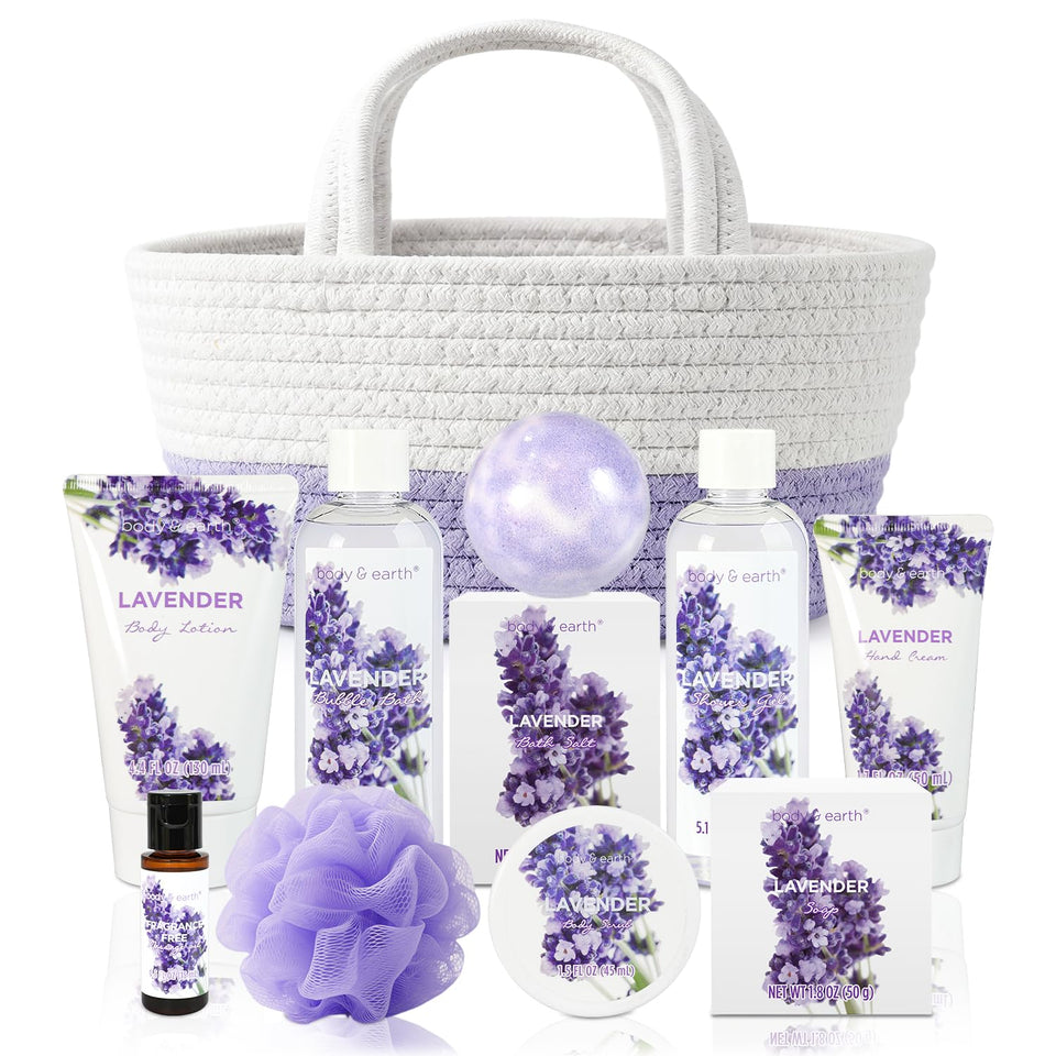 BODY & EARTH basket front view showing full lavender spa set and gifting appeal