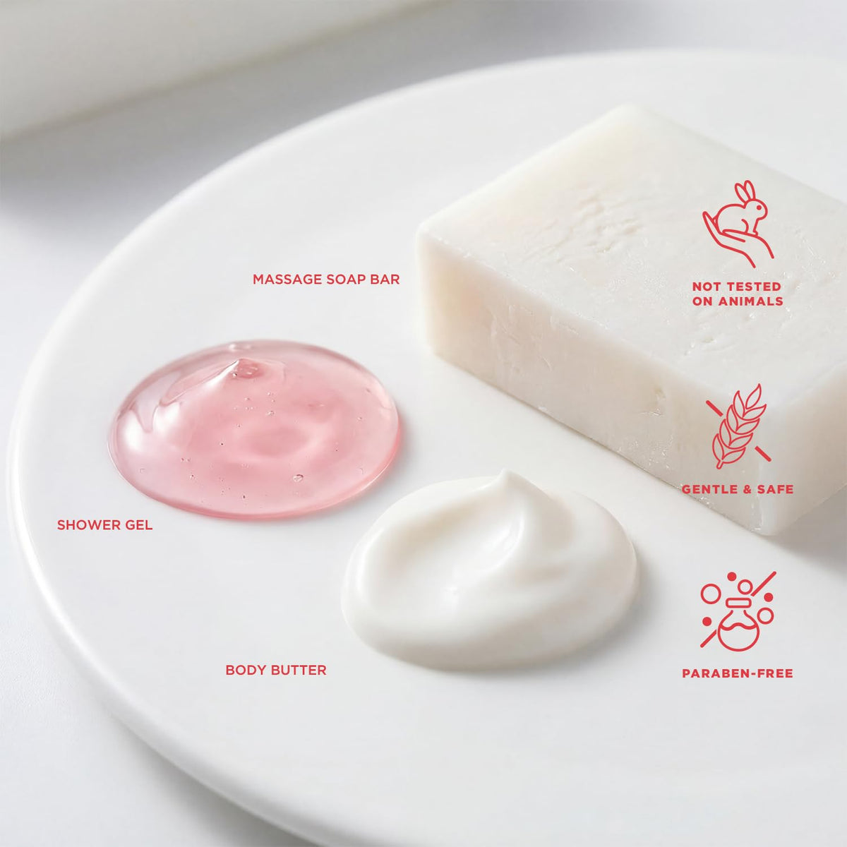 BODY & EARTH full product lineup arranged on a vanity for coordinated daily routine