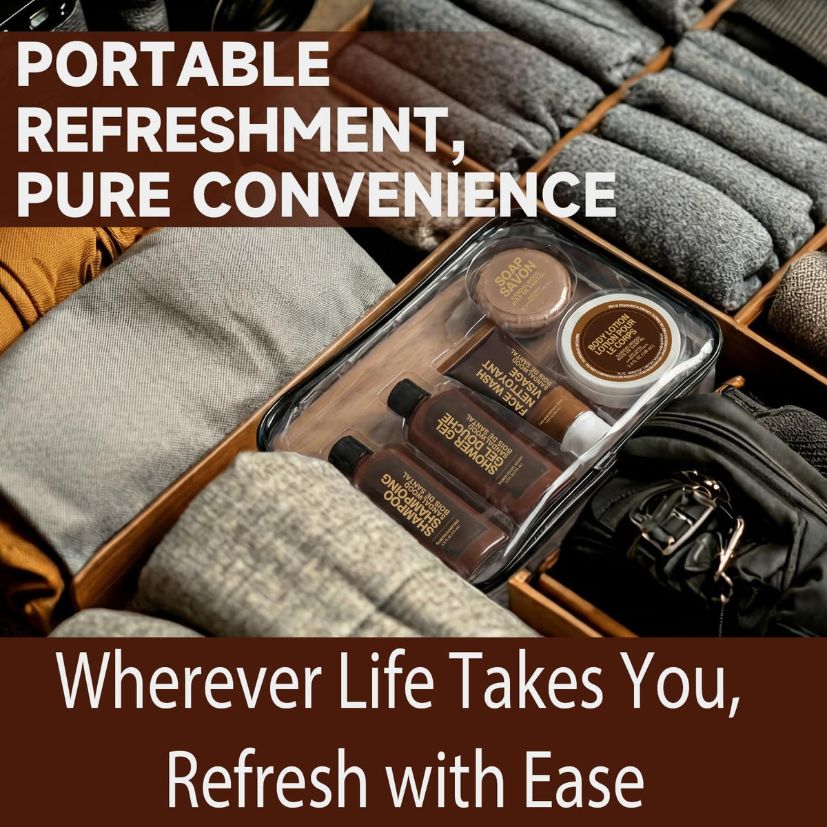 BODY & EARTH travel bag beside passport and phone showing compact travel convenience