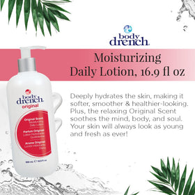 Body Drench pump close-up with lotion texture demonstrating quick absorption