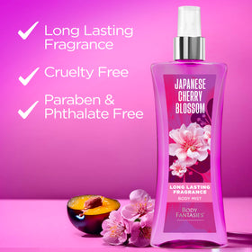 Body Fantasies bottle staged with cherry blossoms evoking fruity floral aroma