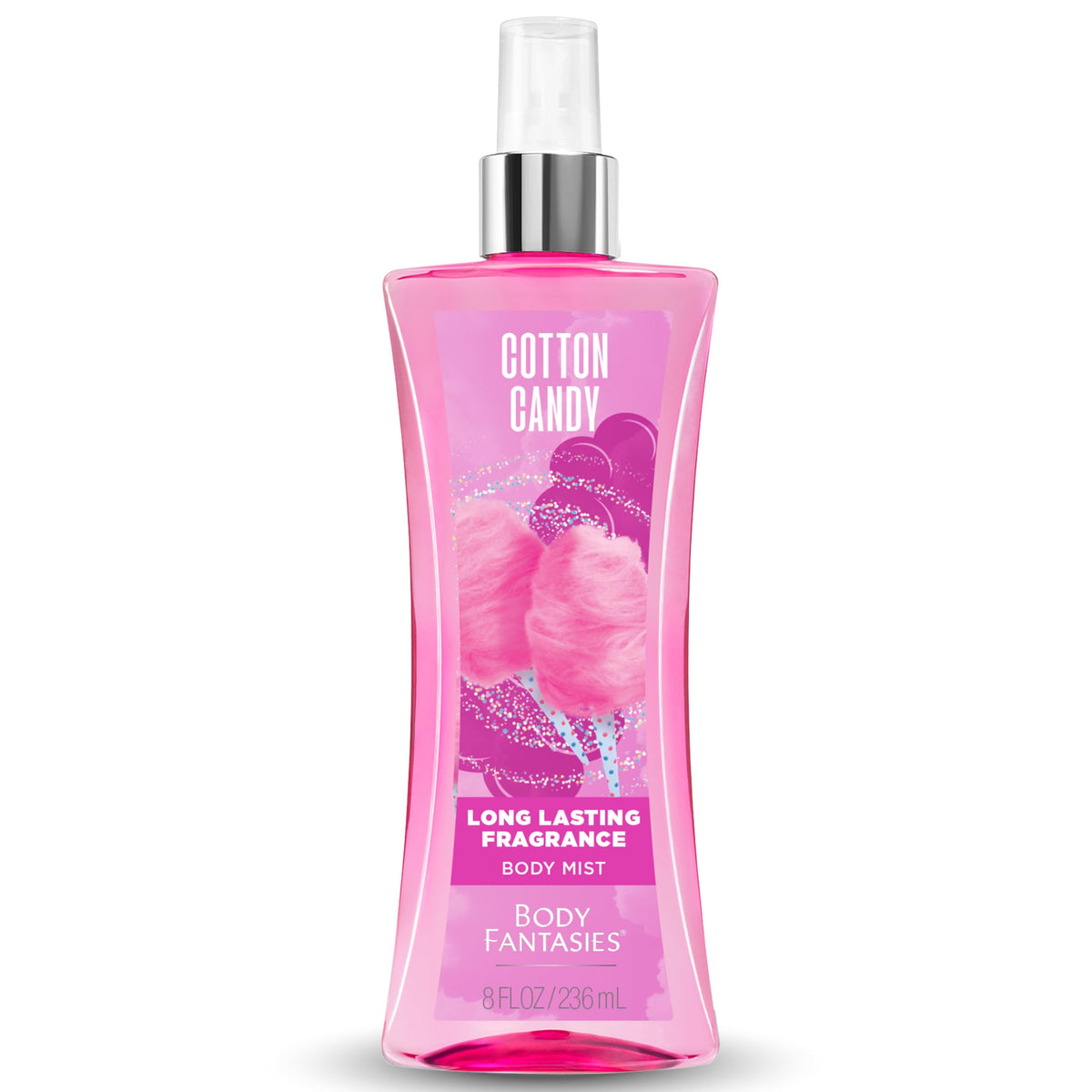 Body Fantasies cotton candy front packaging shows bottle and logo for instant recognition and portability