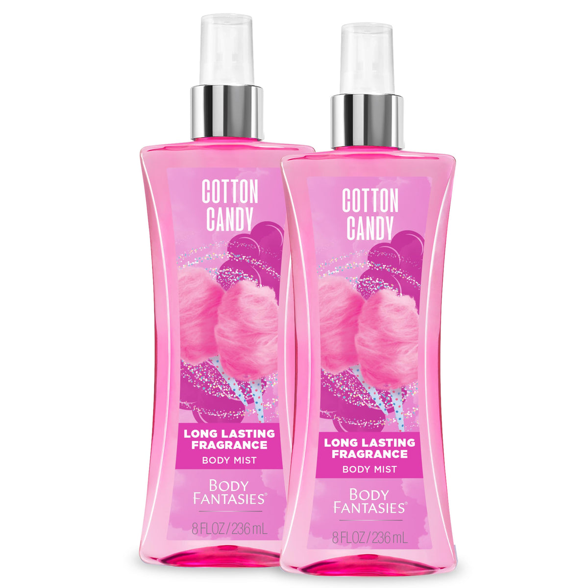 Body Fantasies Cotton Candy front packaging showing bottle and cheerful label benefit long-lasting scent