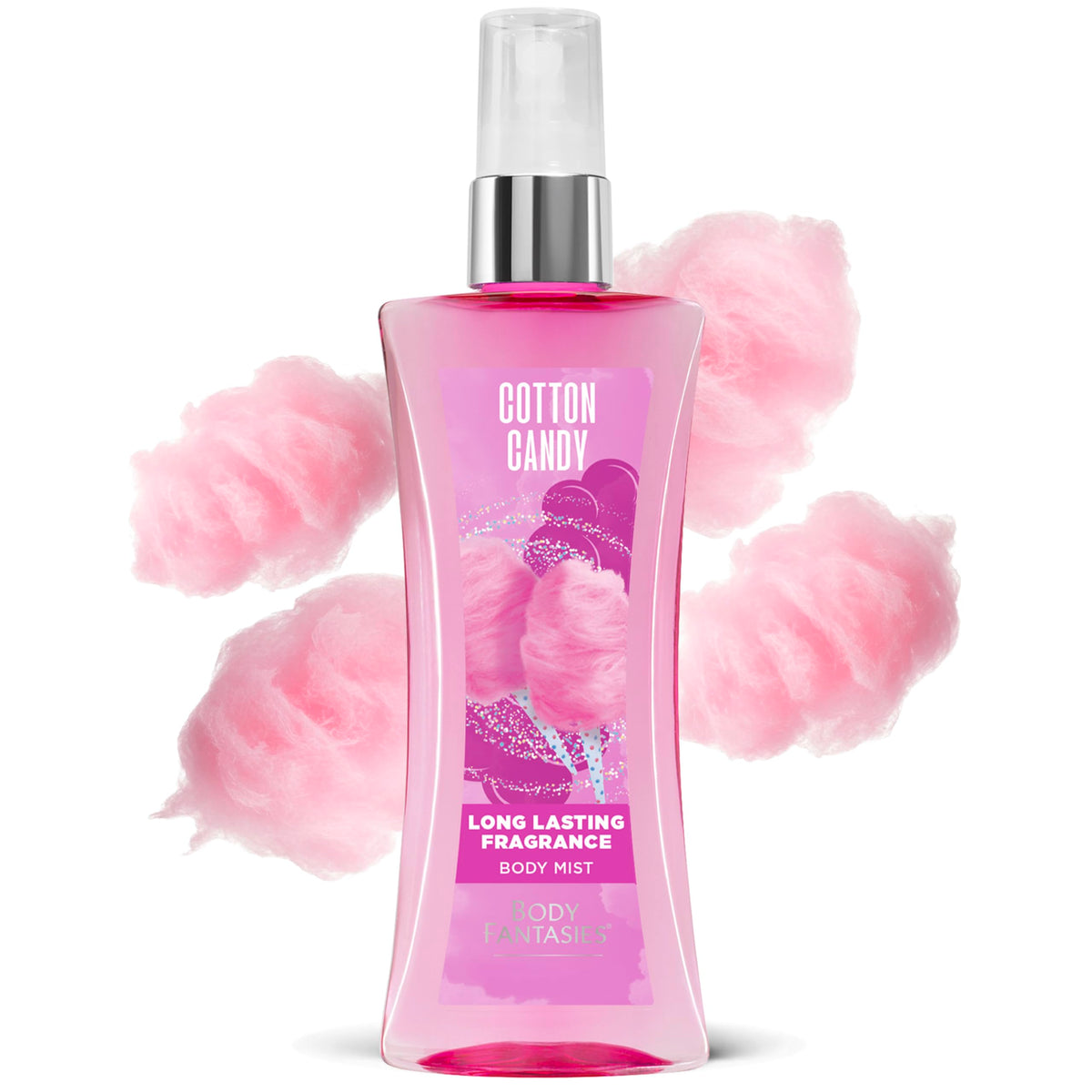 Body Fantasies Cotton Candy mist cloud in use demonstrating lightweight coverage and daytime freshness