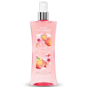 Body Fantasies front packaging showing Sugar Peach bottle, inviting daily refreshment