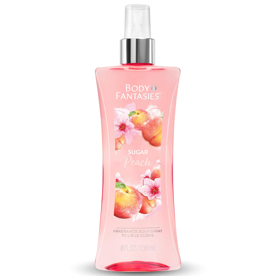 Body Fantasies front packaging showing Sugar Peach bottle, inviting daily refreshment