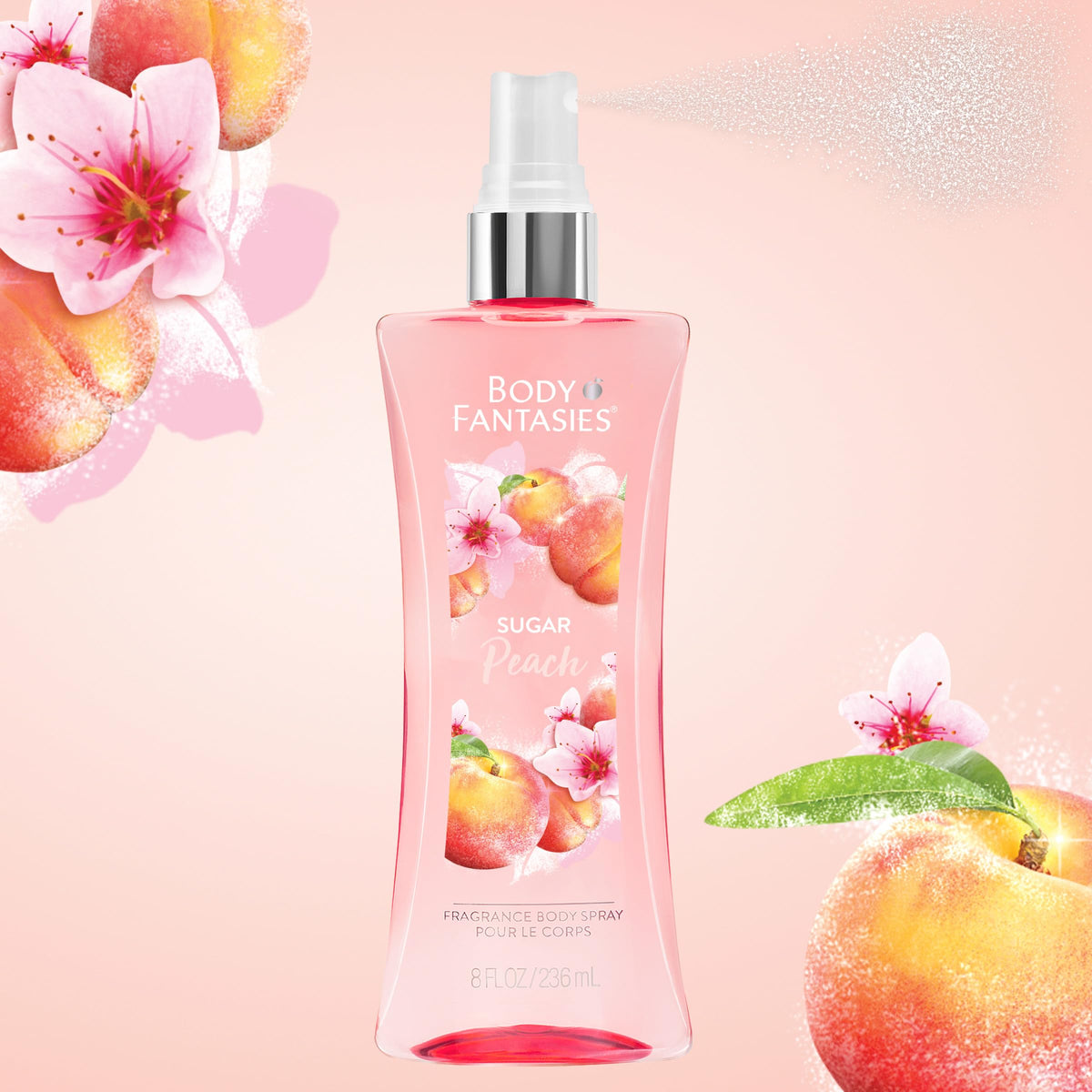 Body Fantasies mist droplets texture shot showing light, non-greasy finish