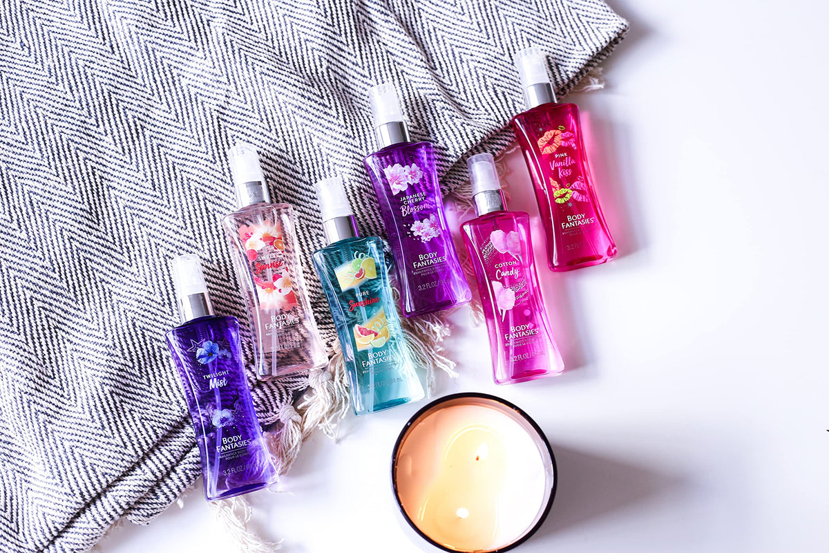 Body Fantasies Sweet Pea on bathroom shelf with decor, stylish everyday fragrance display