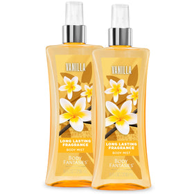 Body Fantasies bottle front packaging showing vanilla scent and benefit of quick refresh