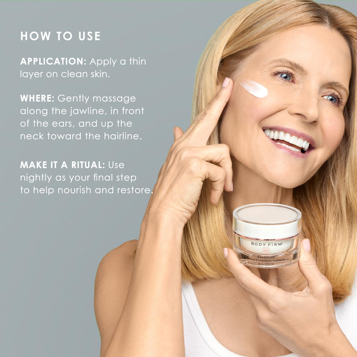 BODY FIRM applying cream to neck close-up showing targeted firming benefit