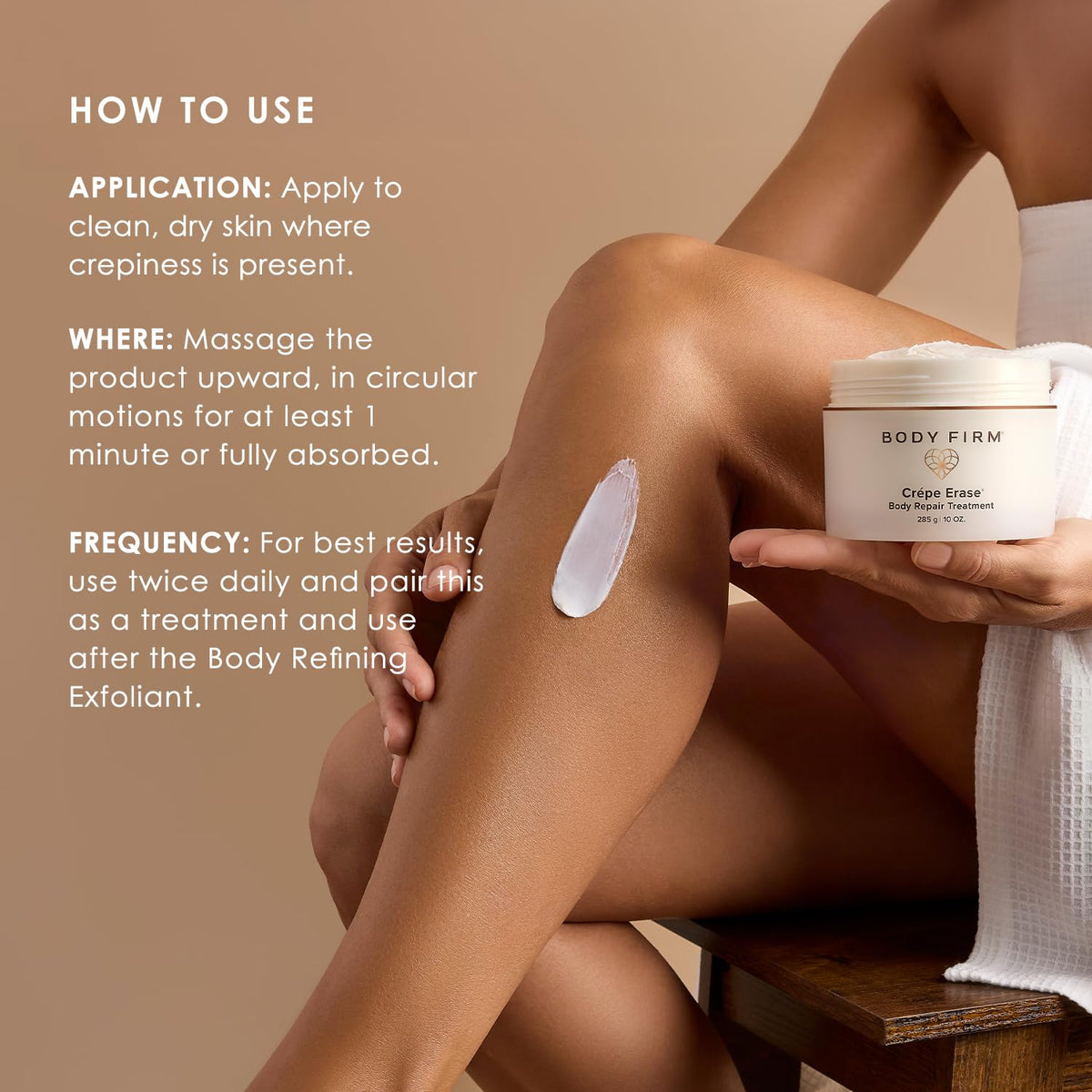 BODY FIRM on legs in lifestyle shot showing improved crepey texture
