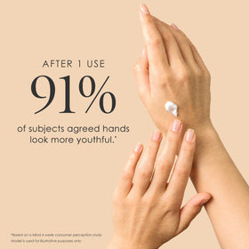 BODY FIRM woman applying lotion to hands outdoors, suggests daily protective hydration