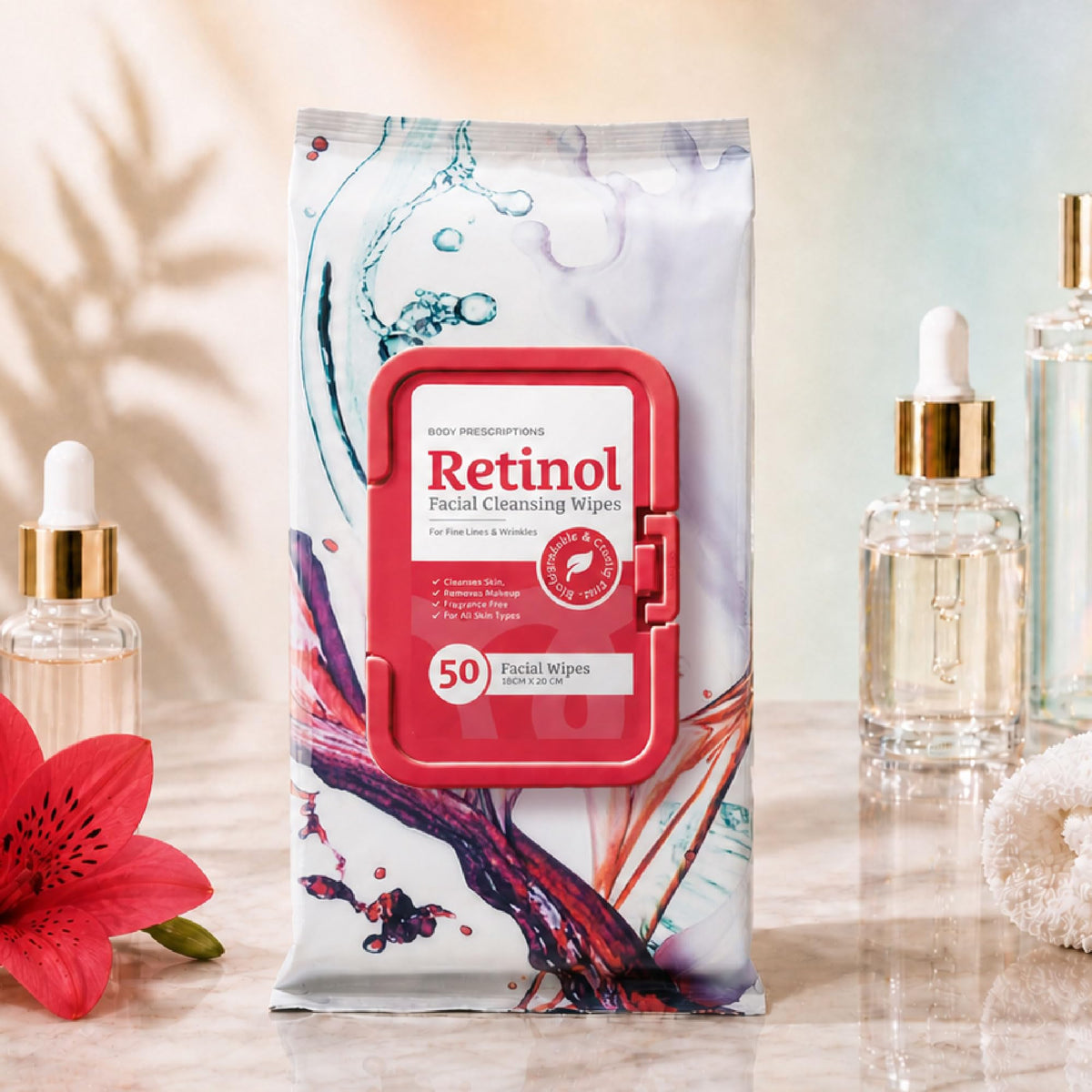 Body Prescriptions product label showing retinol ingredient callout for skin renewal support