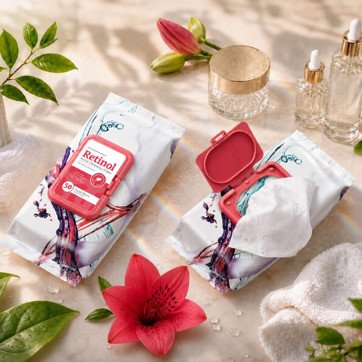 Body Prescriptions wipes staged in bathroom setting for easy nightly skincare routine