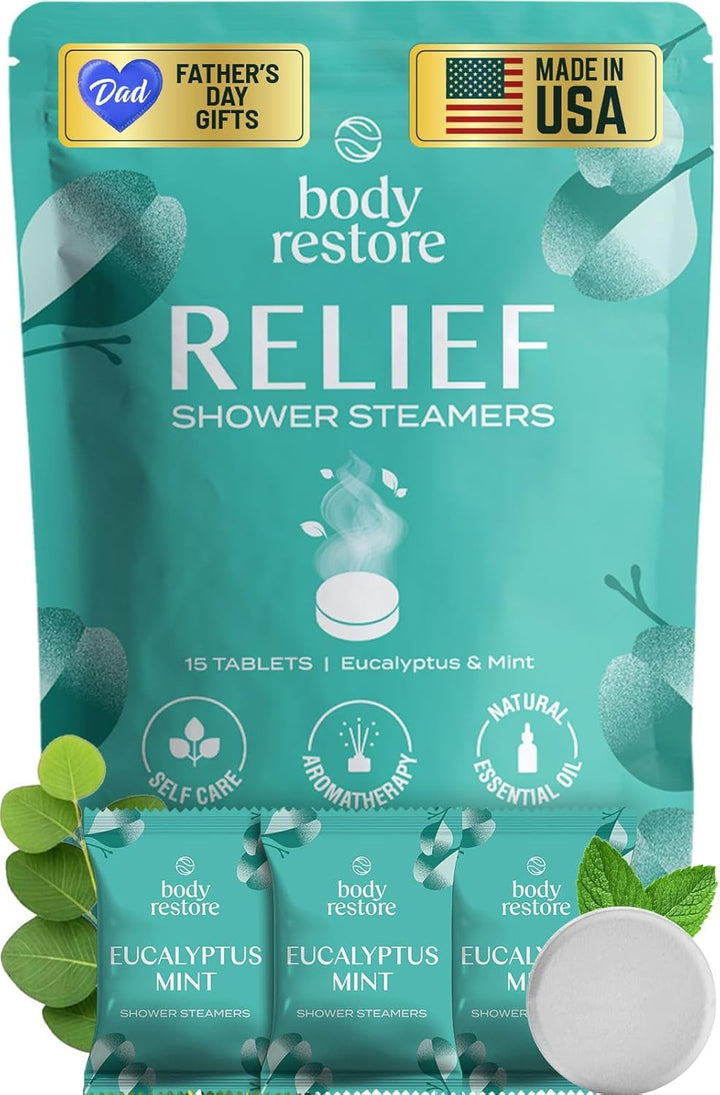 Body Restore front packaging showing 15-count eucalyptus steamers and gift-ready box benefits
