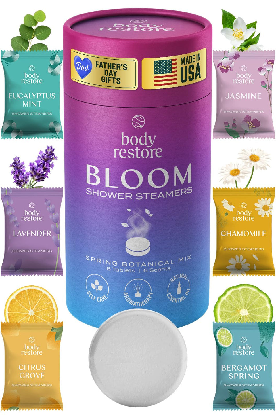 Body Restore front packaging showing six steamers and gift-ready box benefits relaxation