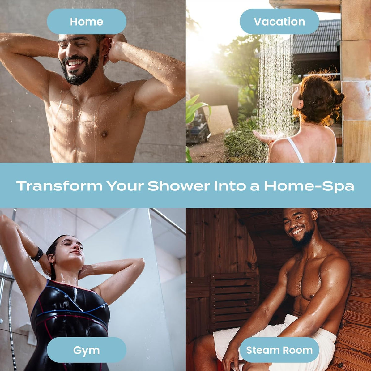Body Restore shower steam cloud lifestyle shot showing quick aromatherapy uplift
