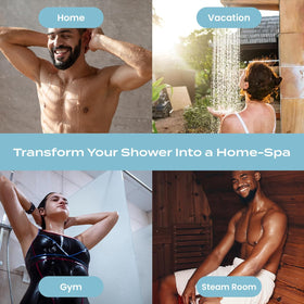 Body Restore shower steam cloud lifestyle shot showing quick aromatherapy uplift