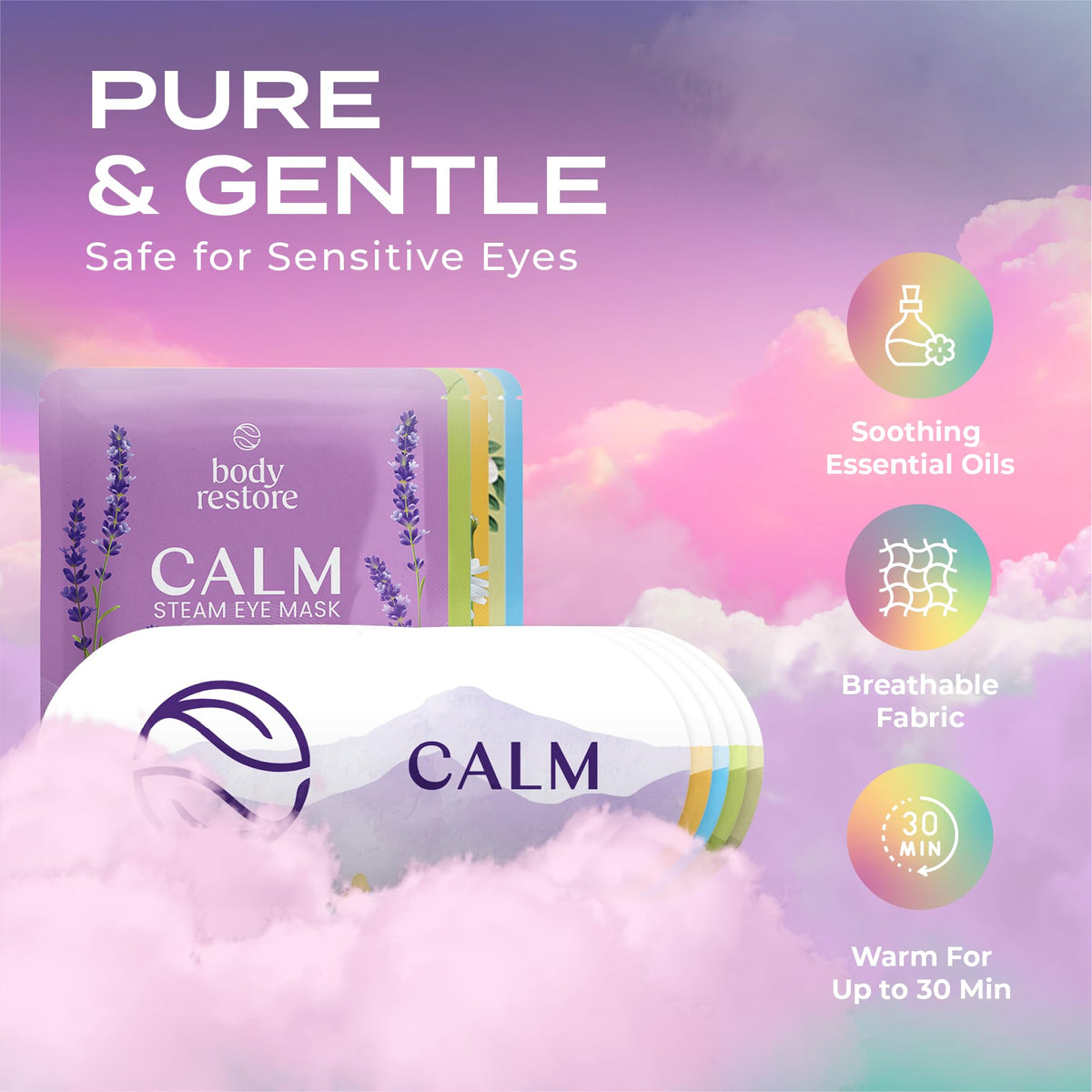 Body Restore array of scented mask pouches displayed to show green tea, lavender, chamomile options