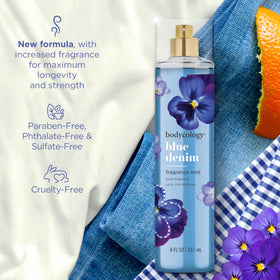 Bodycology Blue Denim bottle on vanity paired with daily essentials for routine convenience