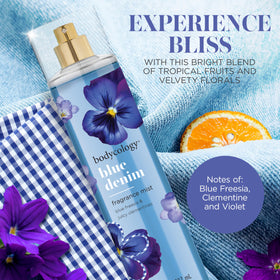 Bodycology Blue Denim nozzle close-up highlighting fine spray for even scent application