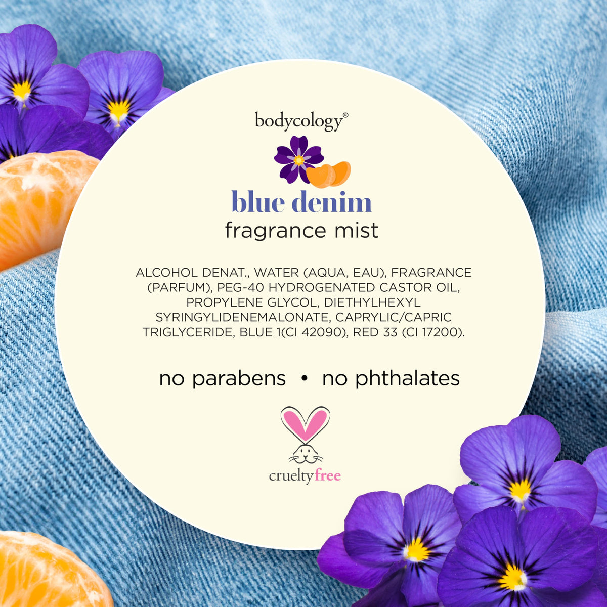 Bodycology Blue Denim next to matching body cream to suggest layering for longer-lasting scent