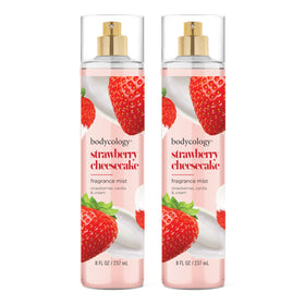 Bodycology front packaging showing bottle and strawberry cheesecake scent benefit freshness