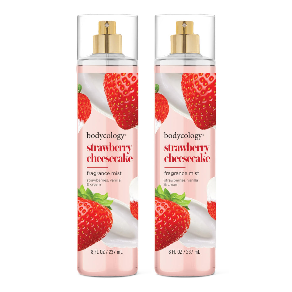 Bodycology front packaging showing bottle and strawberry cheesecake scent benefit freshness