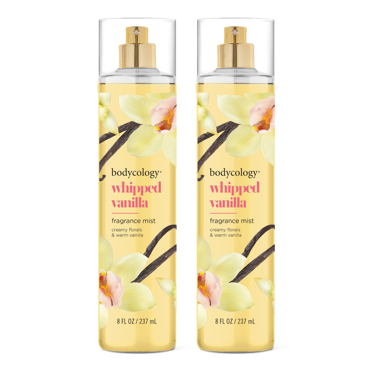 Bodycology front packaging showing two 8 fl oz Whipped Vanilla bottles and clear branding, gifting benefit