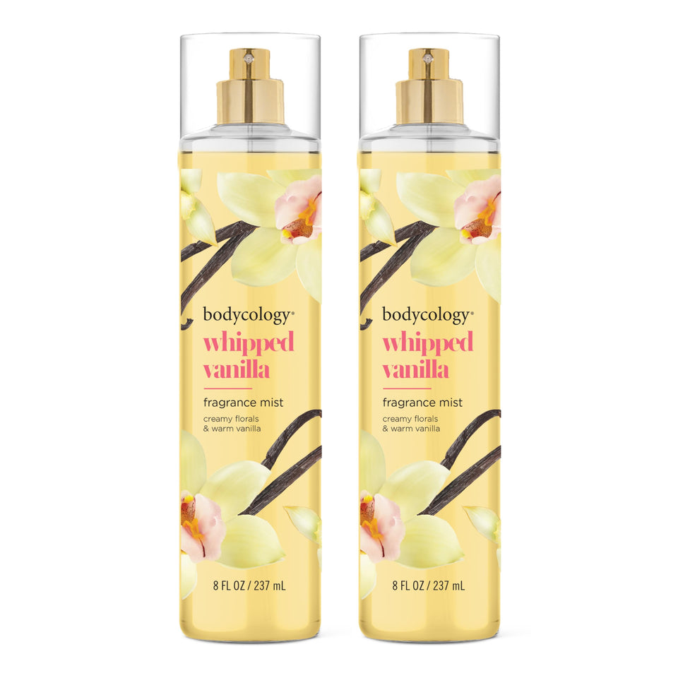 Bodycology front packaging showing two 8 fl oz Whipped Vanilla bottles and clear branding, gifting benefit