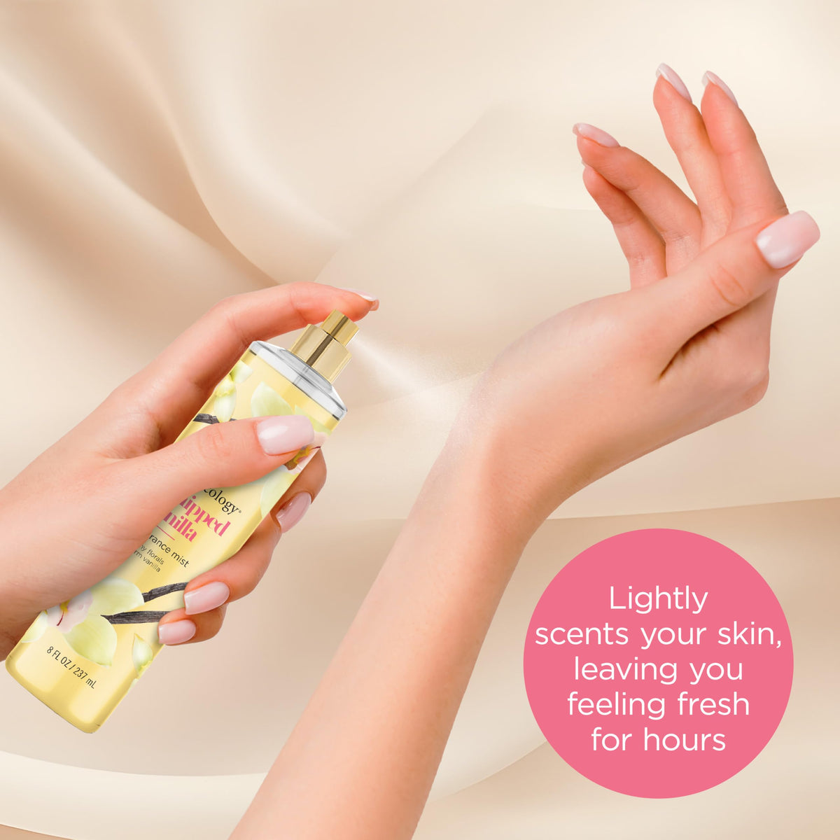 Bodycology mist cloud texture in motion illustrating light coverage and soft scent distribution benefit