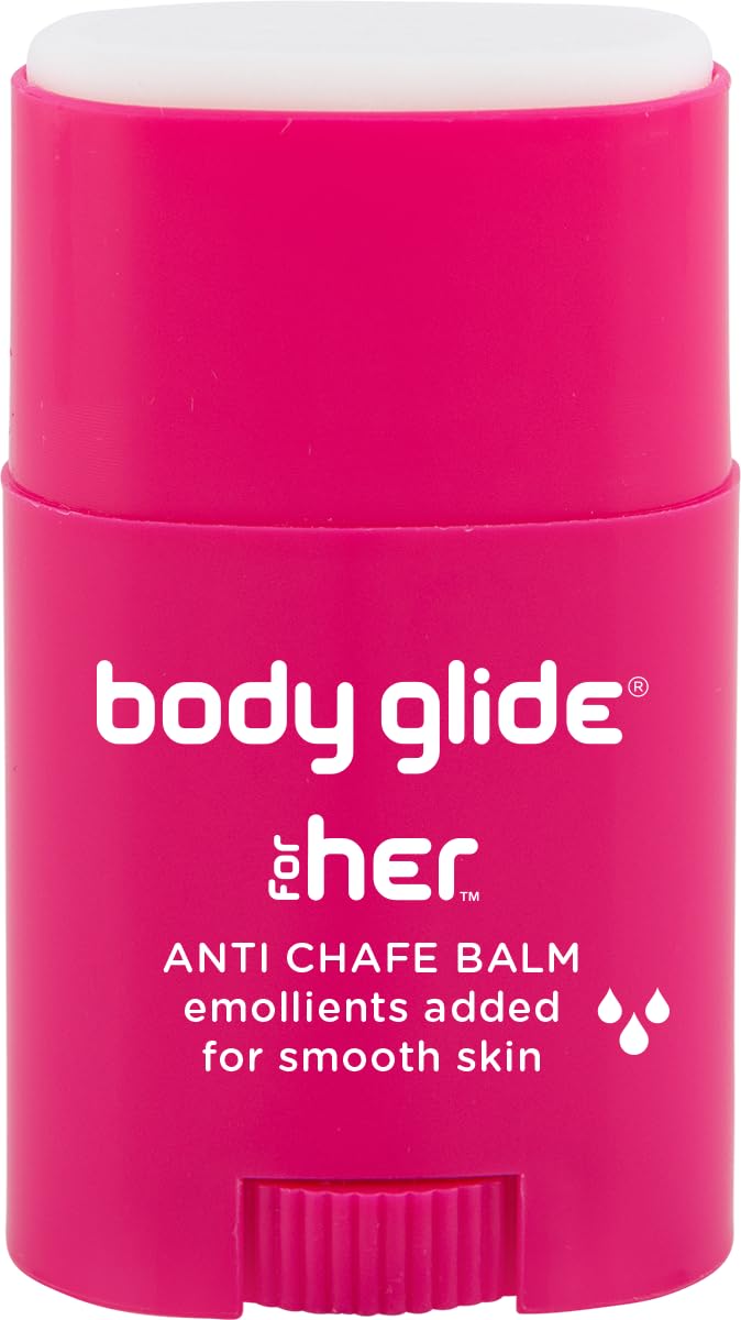 BodyGlide For Her front packaging showing compact chafe stick and benefits