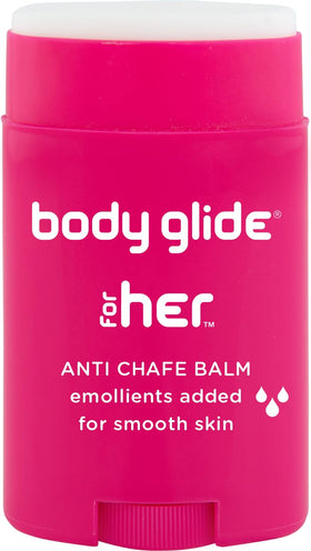 BodyGlide For Her front packaging showing compact chafe stick and brand benefit