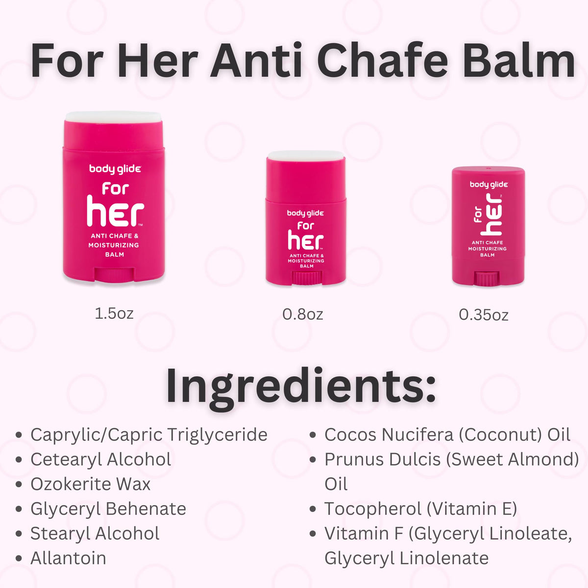 BodyGlide For Her ingredients label highlighting plant-derived vitamins and hydration