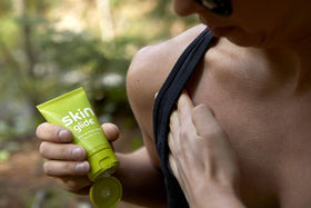 Close-up of BodyGlide label and ingredient list, plant-derived and clothing-safe