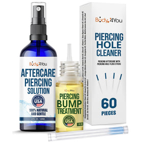 BodyJ4You front packaging showing full piercing aftercare kit and contents benefits