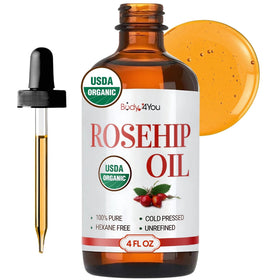 BodyJ4You bottle front view showing organic rosehip oil benefits