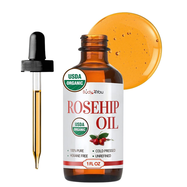 BodyJ4You bottle front view showing organic rosehip oil for hydrating skin