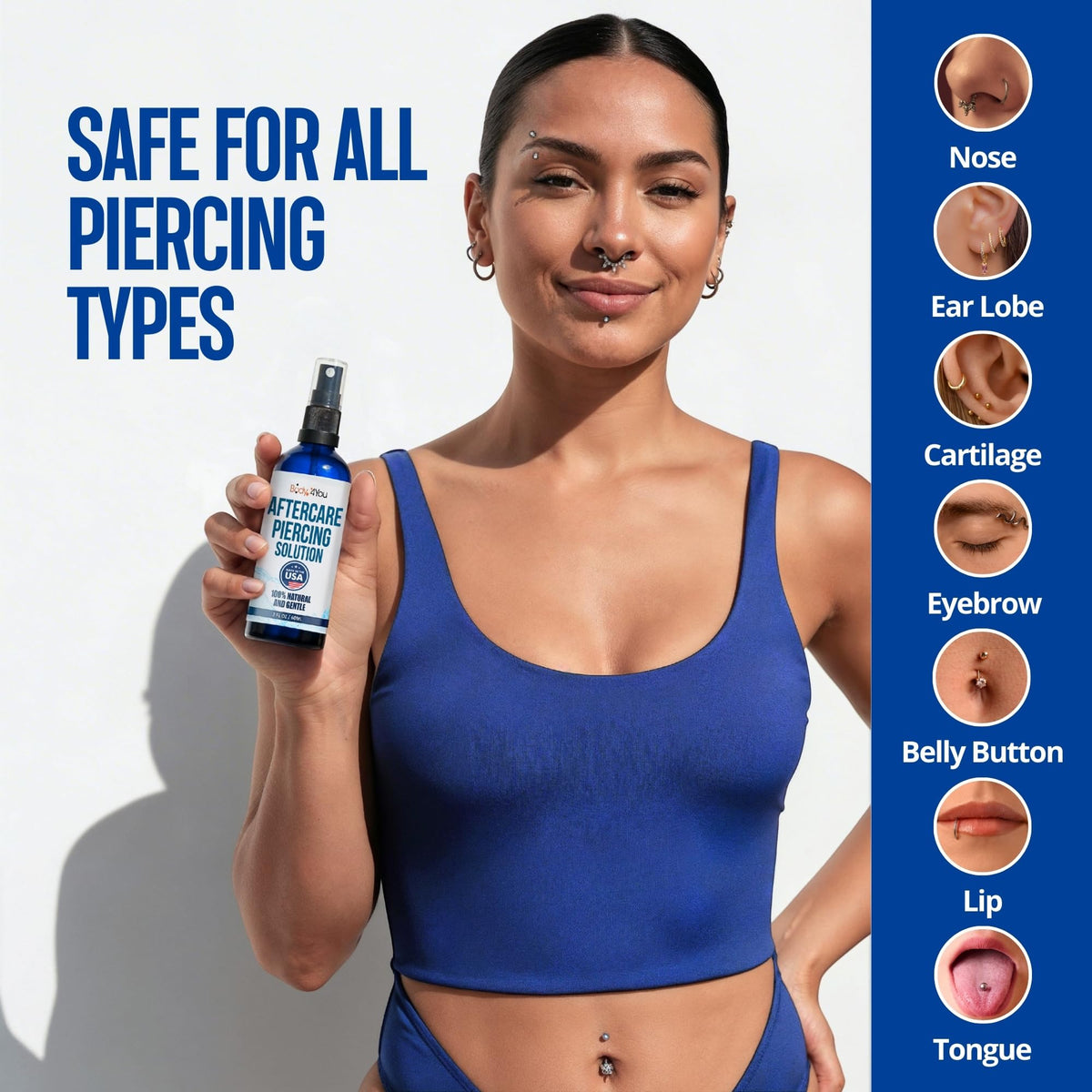 BodyJ4You mist used on a navel piercing to soothe and clean
